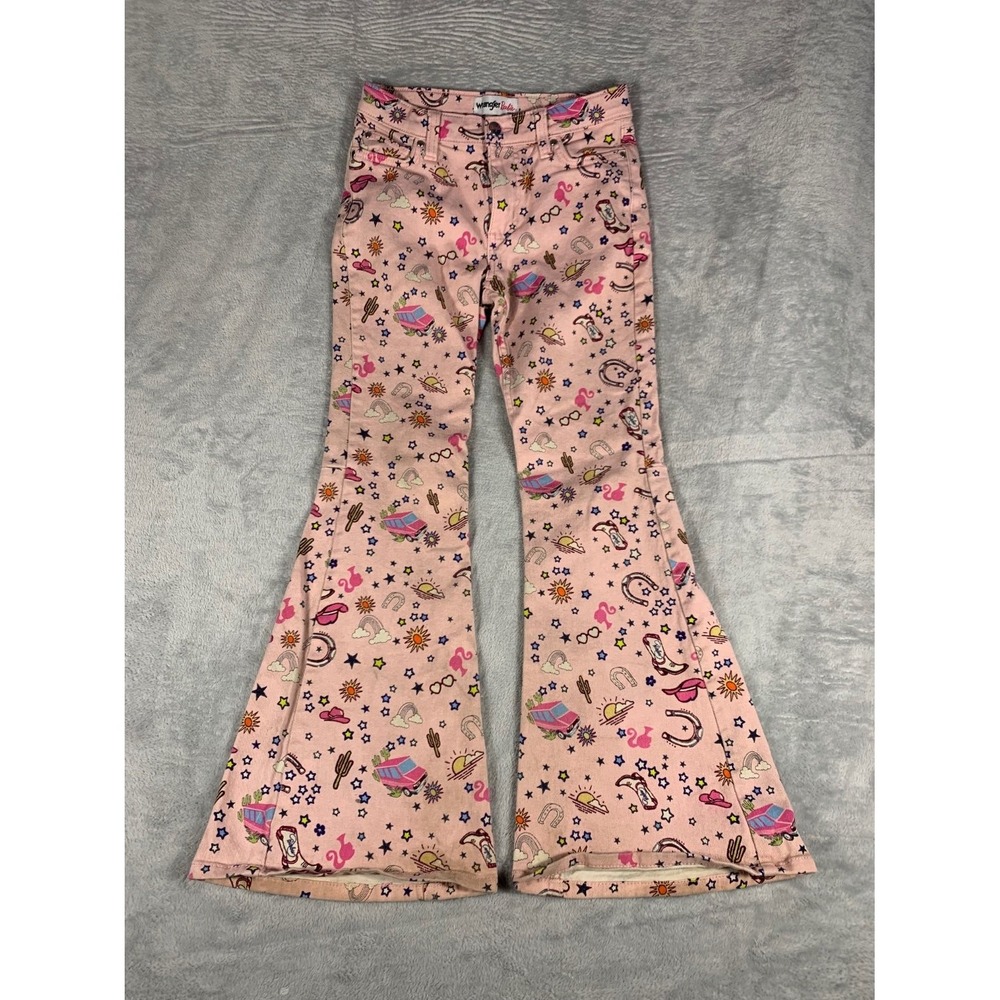 Wrangler Barbie Western Flare BellBottoms Jeans Size 14 Pink all-over print